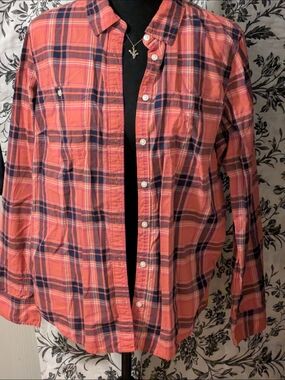 St. John's Bay Coral and Navy Plaid Button-Up Shirt